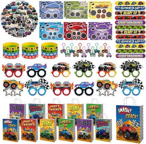 122 قطعة من هدايا الحفلات على شكل شاحنة مونستر، لوازم حفلات أعياد الميلاد للشاحنة تتضمن حقائب جيدة، أساور، سلاسل مفاتيح، ملصقات، نظارات ورقية، موضوع سباقات الطرق الوعرة، مكافآت الفصل الدراسي in Kuwait