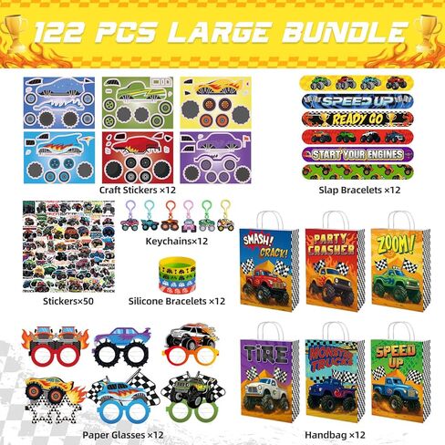 122 قطعة من هدايا الحفلات على شكل شاحنة مونستر، لوازم حفلات أعياد الميلاد للشاحنة تتضمن حقائب جيدة، أساور، سلاسل مفاتيح، ملصقات، نظارات ورقية، موضوع سباقات الطرق الوعرة، مكافآت الفصل الدراسي in Kuwait