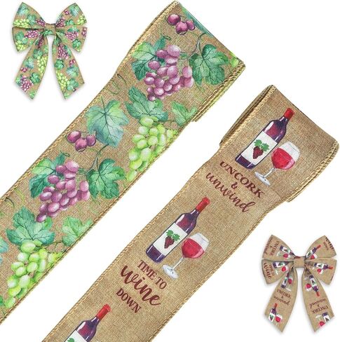 Threetols 2 Rolls 10 Yards Farm Wired Edge Ribbons 2.5" Farmhouse Decor Wrapping Ribbon Grape Wine Uncork Burlap Fabric Craft Ribbon for Autumn Holiday DIY Craft Wreath Bow Decor in Saudi Arabia