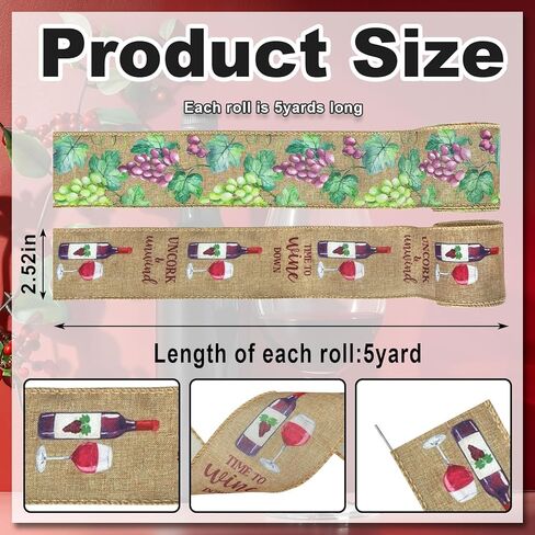 Threetols 2 Rolls 10 Yards Farm Wired Edge Ribbons 2.5" Farmhouse Decor Wrapping Ribbon Grape Wine Uncork Burlap Fabric Craft Ribbon for Autumn Holiday DIY Craft Wreath Bow Decor in Saudi Arabia