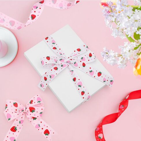 Strawberry Ribbon, Pastel Red Pink Strawberries Grosgrain Ribbon, (3 Rolls, 3 Patterns, 1 inch x 15 Yards Each Roll, 45 Yards TTL.) Fruits Ribbon for Spring Summer Wreaths, Trims, Gift Wrapping in Saudi Arabia