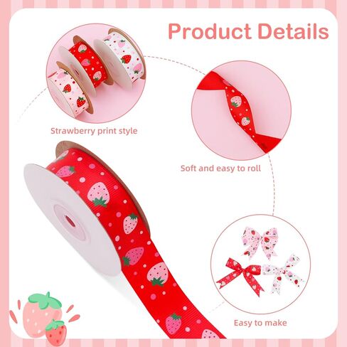 Strawberry Ribbon, Pastel Red Pink Strawberries Grosgrain Ribbon, (3 Rolls, 3 Patterns, 1 inch x 15 Yards Each Roll, 45 Yards TTL.) Fruits Ribbon for Spring Summer Wreaths, Trims, Gift Wrapping in Saudi Arabia