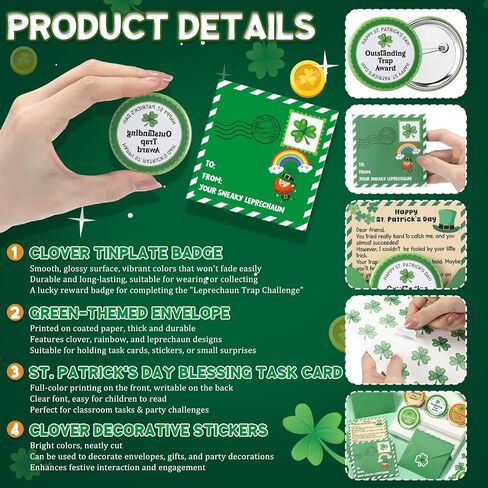 Tondiamo 24 Set St. Patrick's Day Leprechaun Trap Kit 24 Shamrock Pin Back Button Pin 24 Leprechaun Letter 24 Shamrock Sticker DIY Crafts Kit for St. Patrick's Day Party Favors in Saudi Arabia
