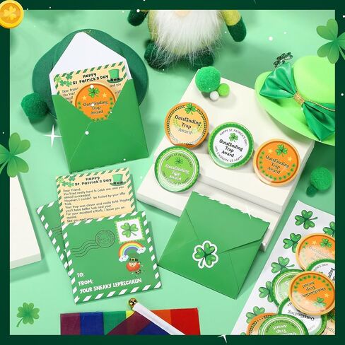 Tondiamo 24 Set St. Patrick's Day Leprechaun Trap Kit 24 Shamrock Pin Back Button Pin 24 Leprechaun Letter 24 Shamrock Sticker DIY Crafts Kit for St. Patrick's Day Party Favors in Saudi Arabia