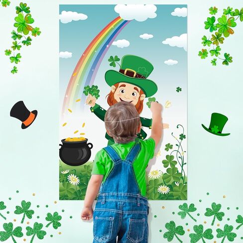 Hooqict St Patricks Day Party Games Pin The Shamrock on The Green Hat St Patricks Day Game for Kids Leprechaun Party Favors, Large Leprechaun Game Poster with 45 Shamrock Stickers in Saudi Arabia