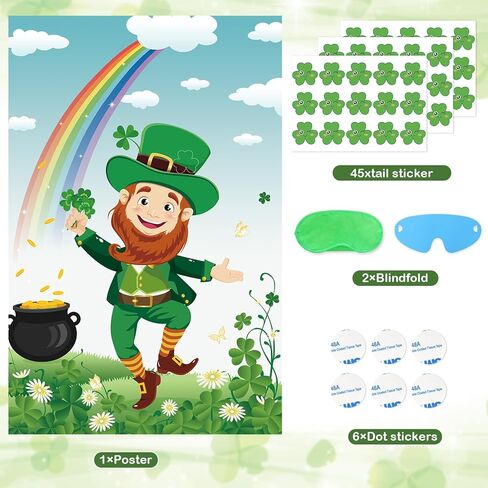 Hooqict St Patricks Day Party Games Pin The Shamrock on The Green Hat St Patricks Day Game for Kids Leprechaun Party Favors, Large Leprechaun Game Poster with 45 Shamrock Stickers in Saudi Arabia