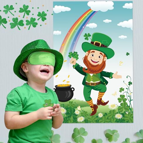 Hooqict St Patricks Day Party Games Pin The Shamrock on The Green Hat St Patricks Day Game for Kids Leprechaun Party Favors, Large Leprechaun Game Poster with 45 Shamrock Stickers in Saudi Arabia