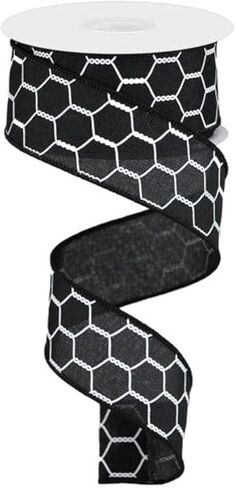 Chicken Wire Canvas Wired Edge Ribbon - 10 Yards (Black, White, 1.5") in Saudi Arabia