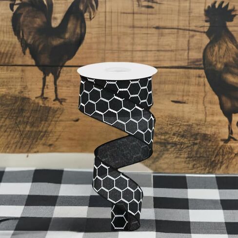 Chicken Wire Canvas Wired Edge Ribbon - 10 Yards (Black, White, 1.5") in Saudi Arabia