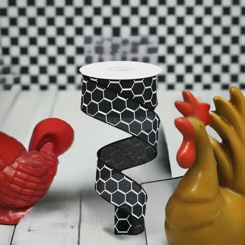 Chicken Wire Canvas Wired Edge Ribbon - 10 Yards (Black, White, 1.5") in Saudi Arabia