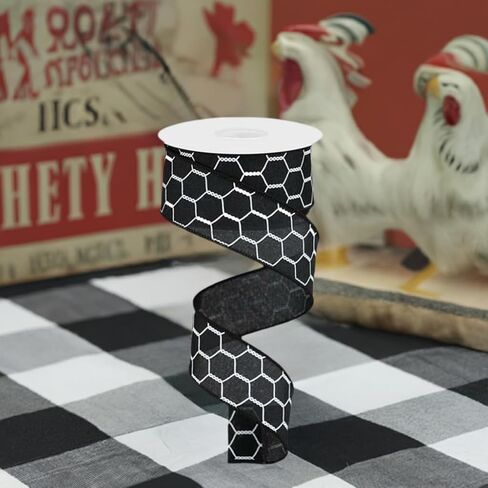 Chicken Wire Canvas Wired Edge Ribbon - 10 Yards (Black, White, 1.5") in Saudi Arabia