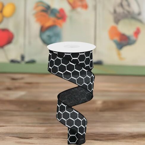 Chicken Wire Canvas Wired Edge Ribbon - 10 Yards (Black, White, 1.5") in Saudi Arabia