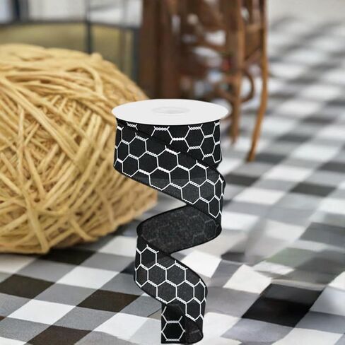 Chicken Wire Canvas Wired Edge Ribbon - 10 Yards (Black, White, 1.5") in Saudi Arabia