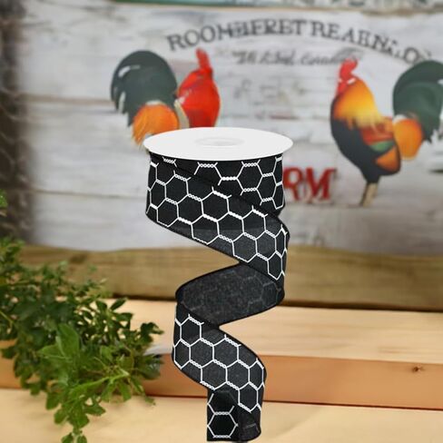 Chicken Wire Canvas Wired Edge Ribbon - 10 Yards (Black, White, 1.5") in Saudi Arabia