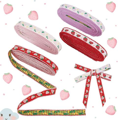 PH PandaHall 4 Rolls Strawberry Print Ribbon, Polyester Fabric, Red, Purple, 5/8" Wide, 20 Yards, Perfect for Gift, Cake, Wedding Decor in Saudi Arabia