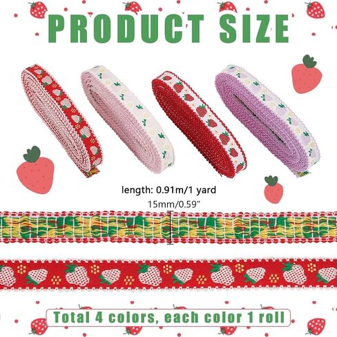 PH PandaHall 4 Rolls Strawberry Print Ribbon, Polyester Fabric, Red, Purple, 5/8" Wide, 20 Yards, Perfect for Gift, Cake, Wedding Decor in Saudi Arabia