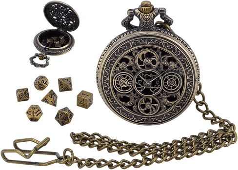 PH PandaHall DND Dice Set, Hollow Gear Watch Case 7pcs Mini Metal Dice with Pocket Watch Chain for Dungeons and Dragons, RPG, Playing Games, Gift, Antique Bronze in Saudi Arabia