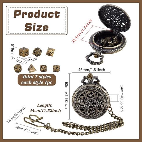 PH PandaHall DND Dice Set, Hollow Gear Watch Case 7pcs Mini Metal Dice with Pocket Watch Chain for Dungeons and Dragons, RPG, Playing Games, Gift, Antique Bronze in Saudi Arabia
