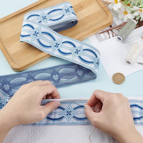 MAYJOYDIY Blue Jacquard Ribbon Trim 5.5 Yards×2 inch Rhombus Embroidery Jacquard Ribbon Ethnic Style Woven Curtain Fabric Trim for Sewing Crafts Handmade Bag Belts Clothing Decoration in Saudi Arabia