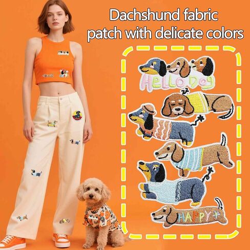 Cute Happy Dachshund Patch, 10Pcs Smile Sausage Dog Iron On Sew on Embroidered Patch Emblem Badge for Clothes Jacket Jeans Backpacks in Saudi Arabia