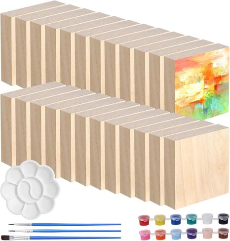 24 قطعة من مكعبات الخشب غير المطلية، مكعبات خشبية مربعة مقاس 4 × 4 × 1 بوصة للحرف اليدوية، طقم طلاء خشبي مع لوحة ألوان، 12 لون طلاء، 3 فرش طلاء in Kuwait