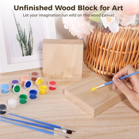 24 قطعة من مكعبات الخشب غير المطلية، مكعبات خشبية مربعة مقاس 4 × 4 × 1 بوصة للحرف اليدوية، طقم طلاء خشبي مع لوحة ألوان، 12 لون طلاء، 3 فرش طلاء in Kuwait