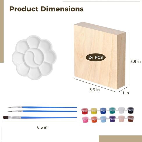 24 قطعة من مكعبات الخشب غير المطلية، مكعبات خشبية مربعة مقاس 4 × 4 × 1 بوصة للحرف اليدوية، طقم طلاء خشبي مع لوحة ألوان، 12 لون طلاء، 3 فرش طلاء in Kuwait