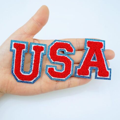 2.17 inch 9 PCS USA Patch Patriotic Patches Blue Border Glitter Chenille Letter Embroidered Iron On for DIY Decorative Clothing in Saudi Arabia