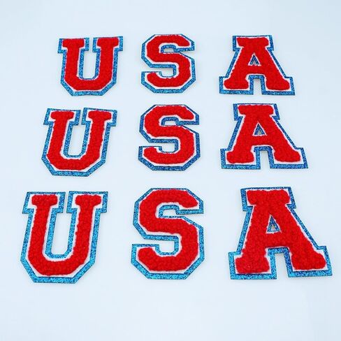 2.17 inch 9 PCS USA Patch Patriotic Patches Blue Border Glitter Chenille Letter Embroidered Iron On for DIY Decorative Clothing in Saudi Arabia