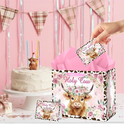 Holy Cow Baby Gift Bag Highland Cow Gift Bag with Handles Tissue Paper and Card Cowgirl Birthday Highland Cows Baby Shower Decorations for Girls Cowgirl Cowboy Newborn New Moms Parents Birthday Decor in Saudi Arabia