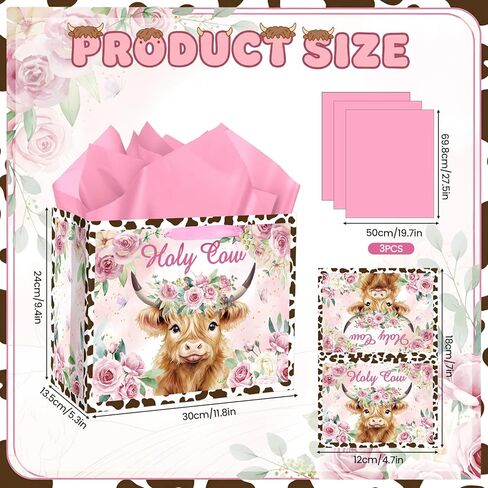 Holy Cow Baby Gift Bag Highland Cow Gift Bag with Handles Tissue Paper and Card Cowgirl Birthday Highland Cows Baby Shower Decorations for Girls Cowgirl Cowboy Newborn New Moms Parents Birthday Decor in Saudi Arabia