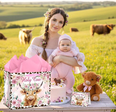 Holy Cow Baby Gift Bag Highland Cow Gift Bag with Handles Tissue Paper and Card Cowgirl Birthday Highland Cows Baby Shower Decorations for Girls Cowgirl Cowboy Newborn New Moms Parents Birthday Decor in Saudi Arabia