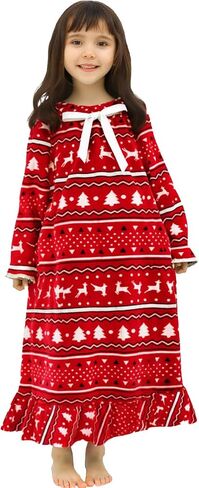 Girls Flannel Nightgown,Winter Warm Fleece Pajamas Dresses for Girls, Long Sleepwear with Long Sleeve, Size 2T-14 in Saudi Arabia