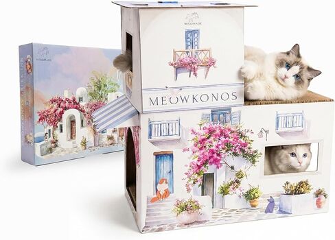 2-Level Cardboard Cat House & Scratcher – Santorini Greece Villa, Cave Hideout, Durable Indoor Cat Bed, Cat Scratch Pad, Kitten Play Tower, Extra Large Cat Condo, Rabbit Hideout, Small Pet Hideaway in Saudi Arabia