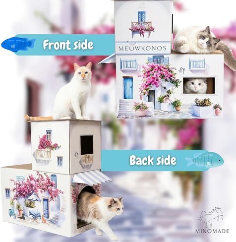 2-Level Cardboard Cat House & Scratcher – Santorini Greece Villa, Cave Hideout, Durable Indoor Cat Bed, Cat Scratch Pad, Kitten Play Tower, Extra Large Cat Condo, Rabbit Hideout, Small Pet Hideaway in Saudi Arabia