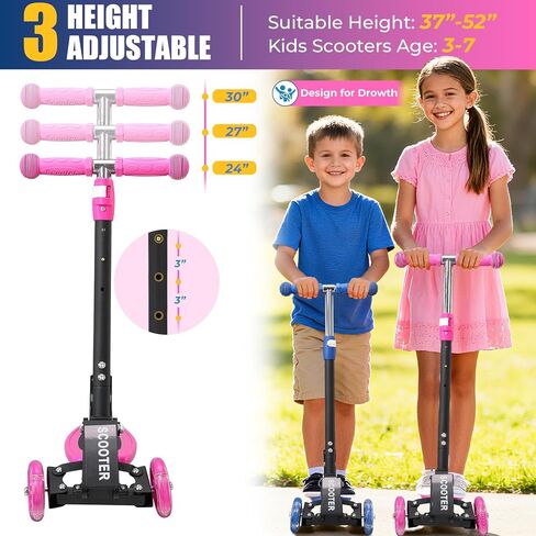 سكوتر للأطفال بثلاث عجلات - ارتفاع قابل للتعديل، توجيه الجاذبية، وعجلات LED، قابل للطي للسفر، إطار معدني متين يدعم ما يصل إلى 180 رطلاً in Kuwait