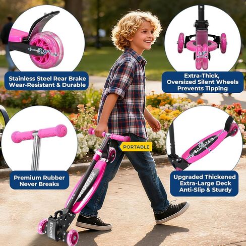 سكوتر للأطفال بثلاث عجلات - ارتفاع قابل للتعديل، توجيه الجاذبية، وعجلات LED، قابل للطي للسفر، إطار معدني متين يدعم ما يصل إلى 180 رطلاً in Kuwait