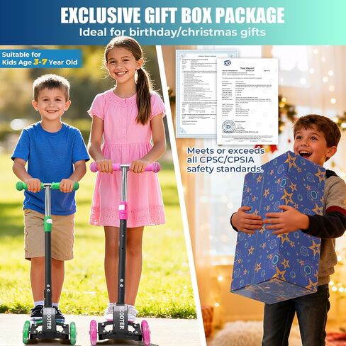 سكوتر للأطفال بثلاث عجلات - ارتفاع قابل للتعديل، توجيه الجاذبية، وعجلات LED، قابل للطي للسفر، إطار معدني متين يدعم ما يصل إلى 180 رطلاً in Kuwait