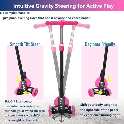 سكوتر للأطفال بثلاث عجلات - ارتفاع قابل للتعديل، توجيه الجاذبية، وعجلات LED، قابل للطي للسفر، إطار معدني متين يدعم ما يصل إلى 180 رطلاً in Kuwait