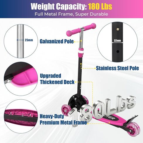 سكوتر للأطفال بثلاث عجلات - ارتفاع قابل للتعديل، توجيه الجاذبية، وعجلات LED، قابل للطي للسفر، إطار معدني متين يدعم ما يصل إلى 180 رطلاً in Kuwait