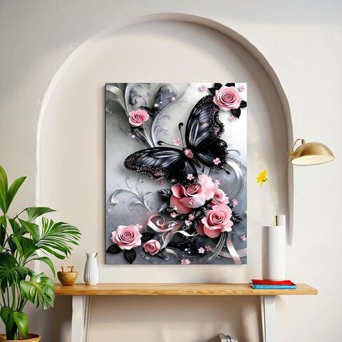 bleihum Butterfly Diamond Art Kits for Adults, Flower 5D Diamond Painting for Adults Beginners, DIY Full Drill Pink Rose Diamonds Paintings Gem Art Frameless Home Decor 12x16inch in Saudi Arabia