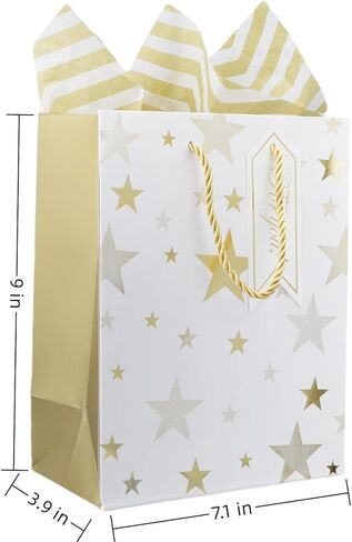 4 pcs 9" Gift Bags Medium Size with Tissue Paper White Gold Wrap Paper Gift Bags with Handles for Birthday Shopping Parties Wedding Holiday Presents (Gold) in Saudi Arabia