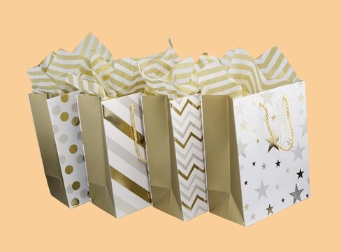 4 pcs 9" Gift Bags Medium Size with Tissue Paper White Gold Wrap Paper Gift Bags with Handles for Birthday Shopping Parties Wedding Holiday Presents (Gold) in Saudi Arabia