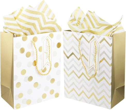 4 pcs 9" Gift Bags Medium Size with Tissue Paper White Gold Wrap Paper Gift Bags with Handles for Birthday Shopping Parties Wedding Holiday Presents (Gold) in Saudi Arabia