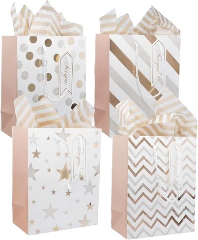 4 pcs 9" Gift Bags Medium Size with Tissue Paper White Gold Wrap Paper Gift Bags with Handles for Birthday Shopping Parties Wedding Holiday Presents (Gold) in Saudi Arabia