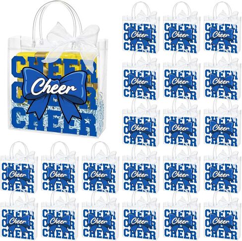 Sweetude 24 Pcs Cheer Clear PVC Gift Bags with Handles Bulk Cheer Team Cheerleader Treat Goodie Candy Tote Bag with Bow Ribbon for Team Birthday Youth Cheerleading Party Supplies(Blue) in Saudi Arabia