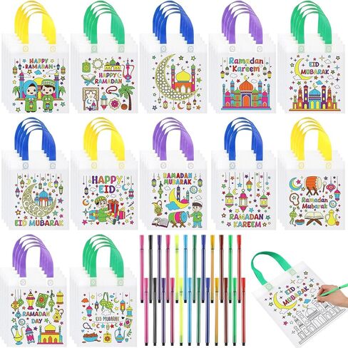 Saypacck 48 Pcs Ramadan Coloring Goodie Bags Bulk with Paint Pens Color Your Own Eid Mubarak Gift Bags Ramadan Crafts Reusable Canvas Bag for Eid Mubarak Home Activities Party Favors(Classic) in Saudi Arabia