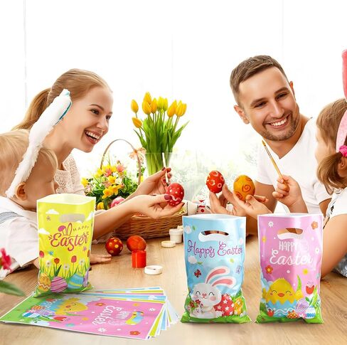 100 قطعة من أكياس هدايا عيد الفصح البلاستيكية مقاس 6.5 × 9.8 بوصة على شكل بيض أرنب مع مقبض 4 أنماط لعيد الفصح اللطيف على شكل أرنب فرخ حقائب هدايا لحفلات الربيع وحقيبة الحلوى ومستلزمات تغليف هدايا الحفلات in Saudi Arabia