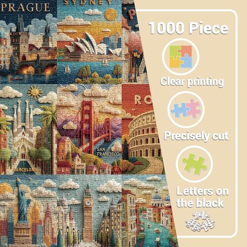 World Travel Landmarks Puzzles for Adults 1000 Pieces. Felt Style Landscape Poster Jigsaw Puzzles. Challenging New York, London, Paris Scenery Art Puzzles in Saudi Arabia
