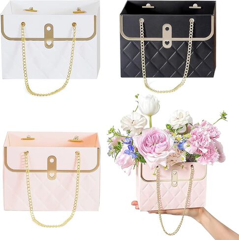 IPVSML Flower Paper Gift Box with Metal Chain,2025 New Bouquet Storage Bucket Florist Bag Handbag Case for Wedding Party Valentine's Day Birthday Mother's Day Wrap Bags (3Pcs Mix Color) in Saudi Arabia